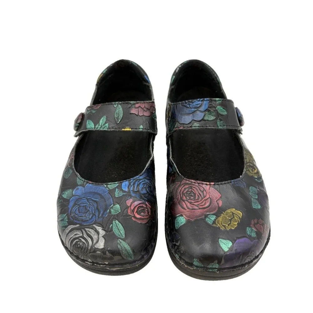 Spring Step Wajaria-Rose Black Floral Leather Mary Janes 9M Oil & Skid Resist